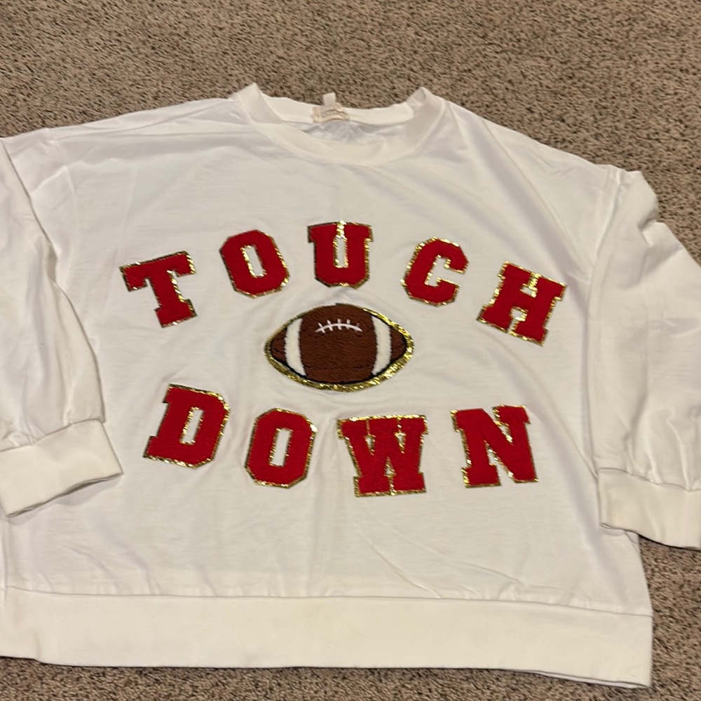 White Touchdown Sweatshirt with Red and Gold Accents